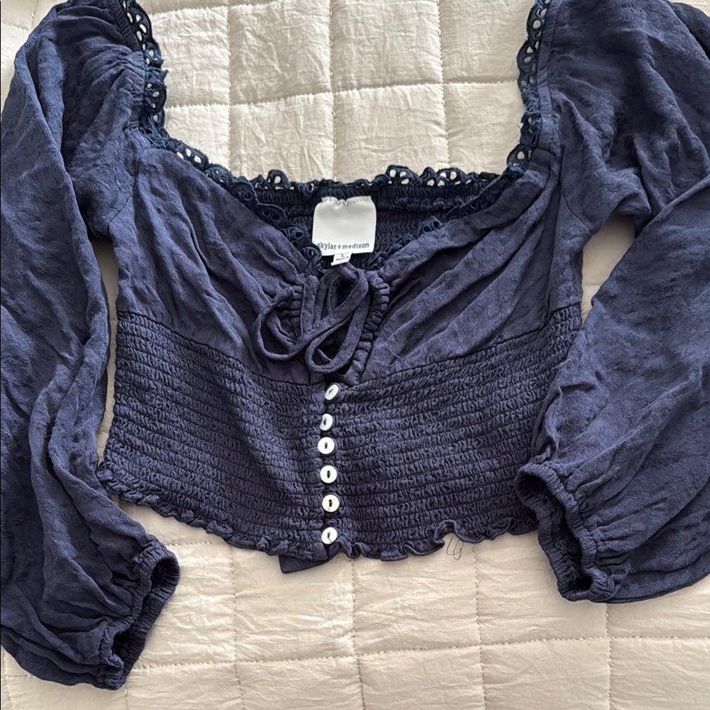 Skylar + Madison Blue Puff Sleeve Crop Blouse